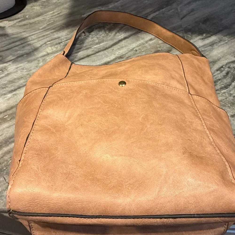 Tan Faux Leather Hobo/Bucket Bag with 3 Exterior Pockets